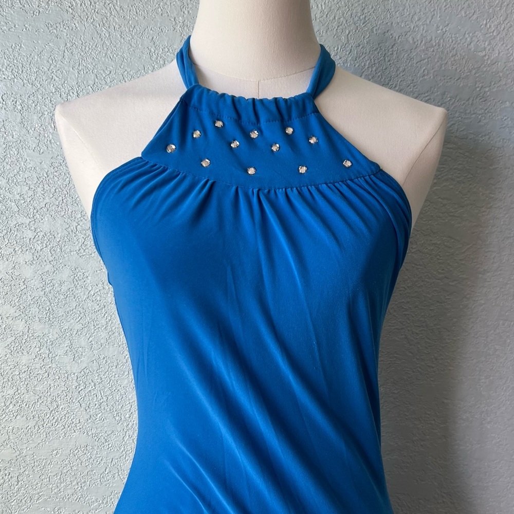 Vintage Y2K Blue Halter Bodycon Dress Made In USA Stretch Retro 90s M - Picture 4 of 8